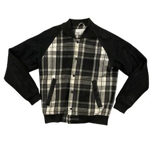 WESC S black/cream plaid padded varsity snap close snap pockets wool blend